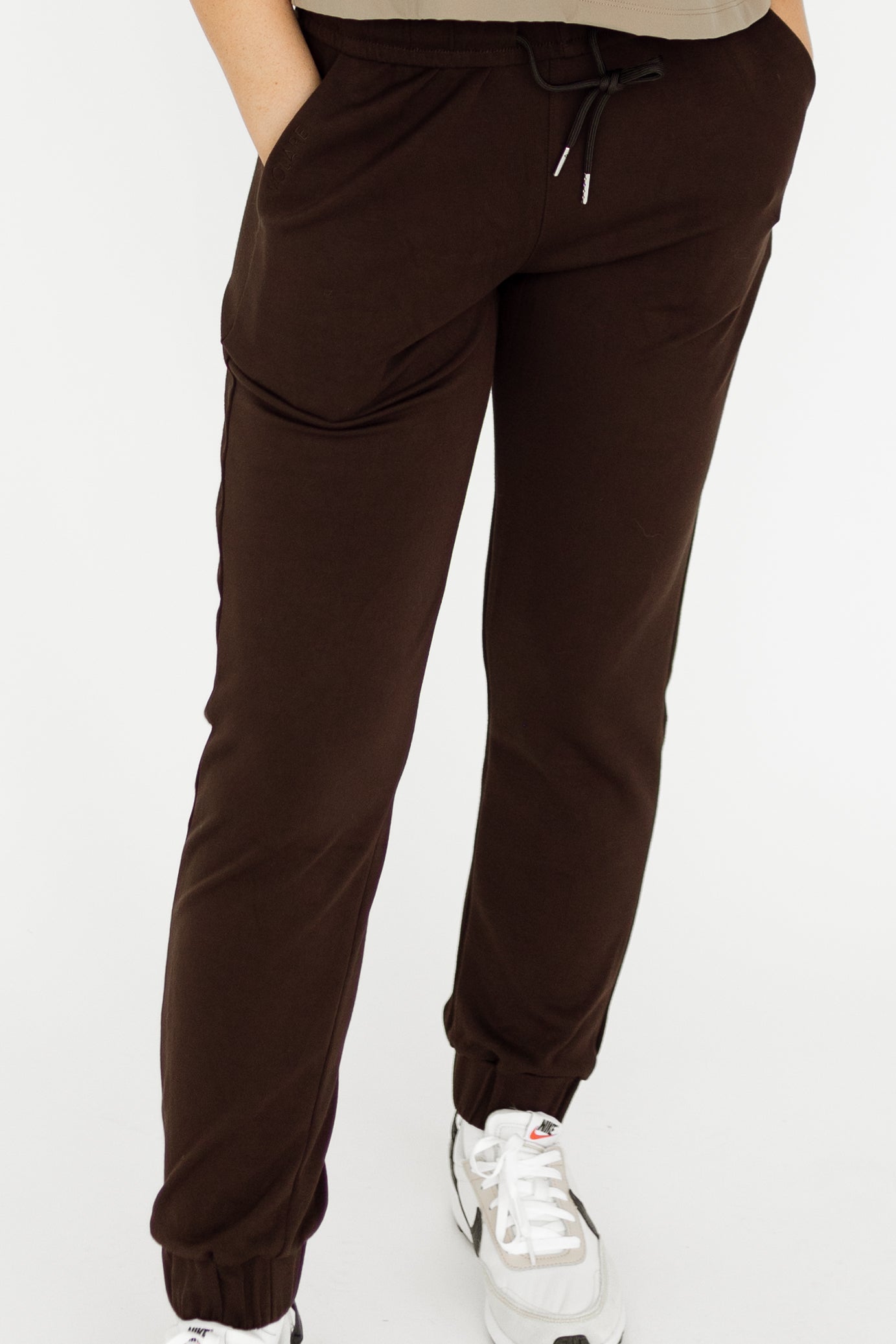 Cocoa Brown Jogger Set with Elastic at the ankle. Luxury fabric and flattering fit.