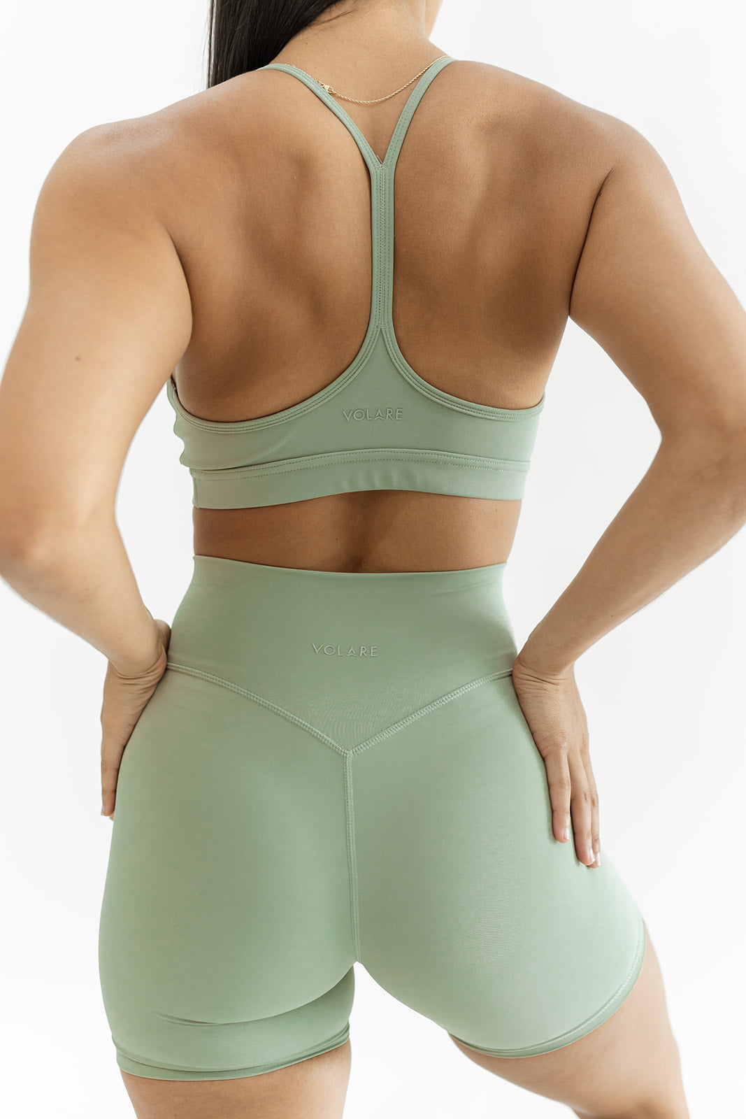 Back of Biker Shorts with Booty Enhancing Seams and Moss Bra with a flattering back, perfect for your everyday